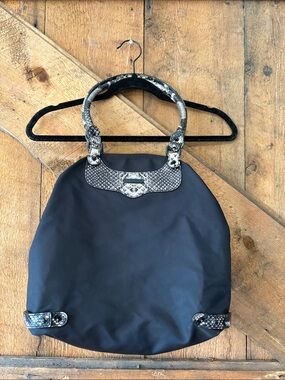Rebecca Minkoff Black Nylon Shoulder Bag Snake Print Trim Gray 0004